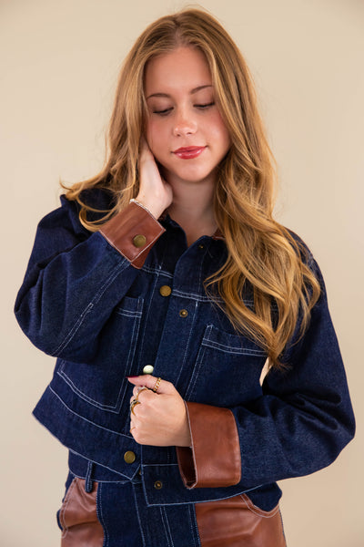 Women's Cropped Denim and Leather Jacket- Women's Matching Denim Set- Concert Outfits