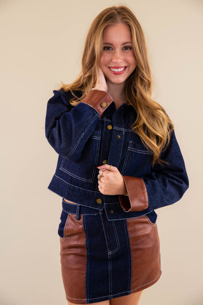 Women's Cropped Denim and Leather Jacket- Women's Matching Denim Set- Concert Outfits