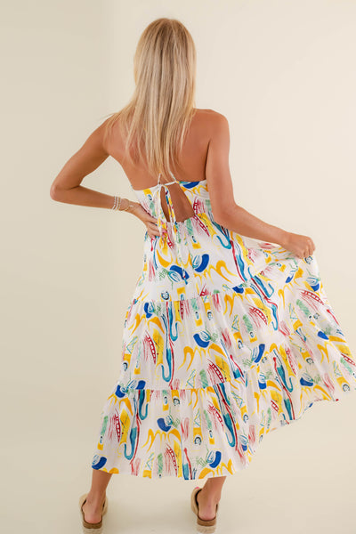 Colorful Abstract Print Midi Dress- Women's Vacation Dresses