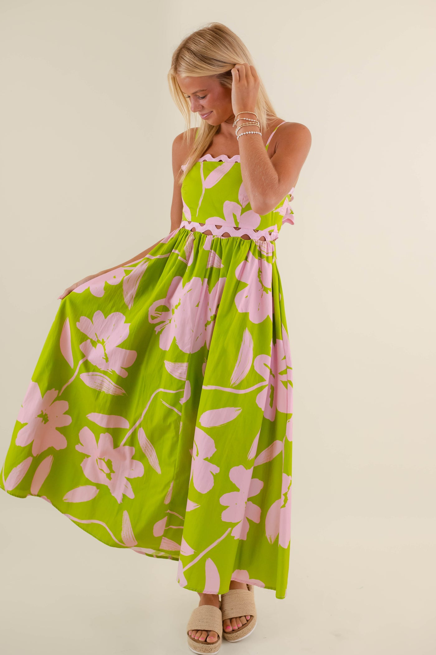 Women's Pink And Green Maxi Dress- Women's Preppy Dresses- PeachLove Maxi Dress