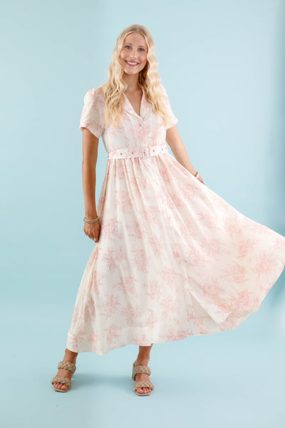 Women's Belted Shirt Dress- Vintage Inspired Dresses- Blush Print Midi