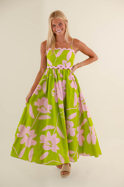 Women's Pink And Green Maxi Dress- Women's Preppy Dresses- PeachLove Maxi Dress