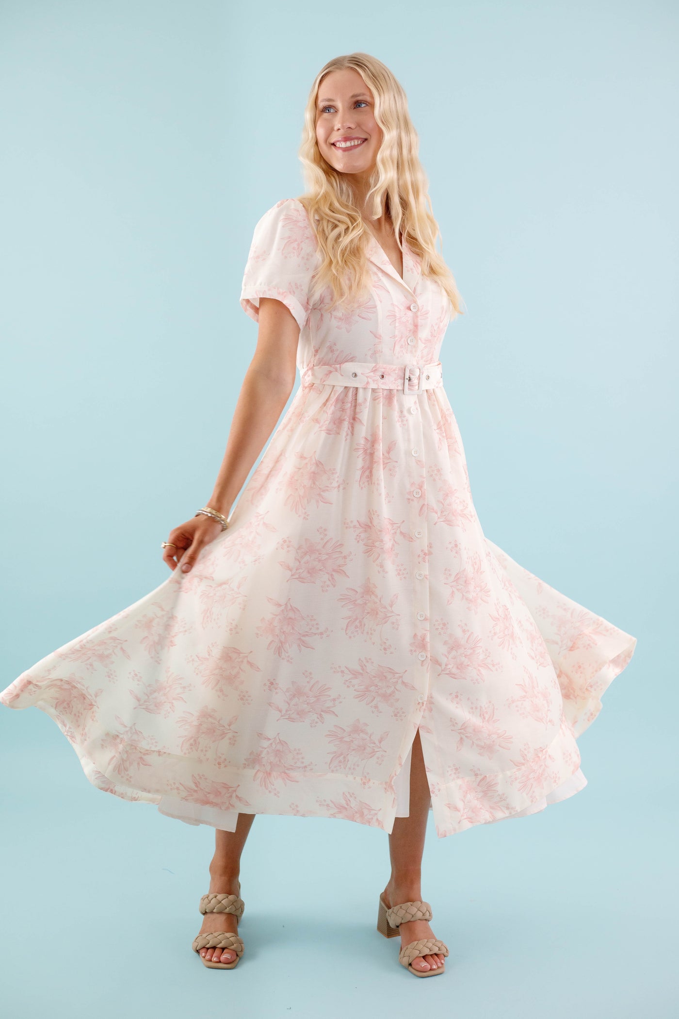 Women's Belted Shirt Dress- Vintage Inspired Dresses- Blush Print Midi