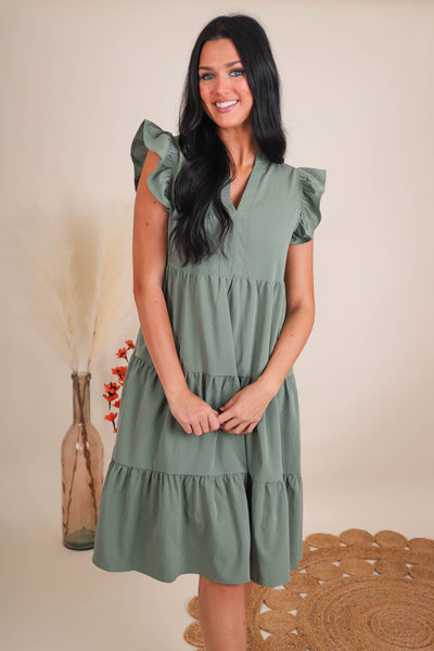 Women's Green Midi Dress- Tiered Ruffle Midi Dress- Entro Ruffle Midi Dress