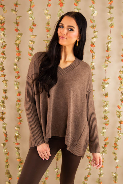 Women's Brown Brushed Knit Sweater- Oversized V-Neckline Sweater- Women's Comfy Tops