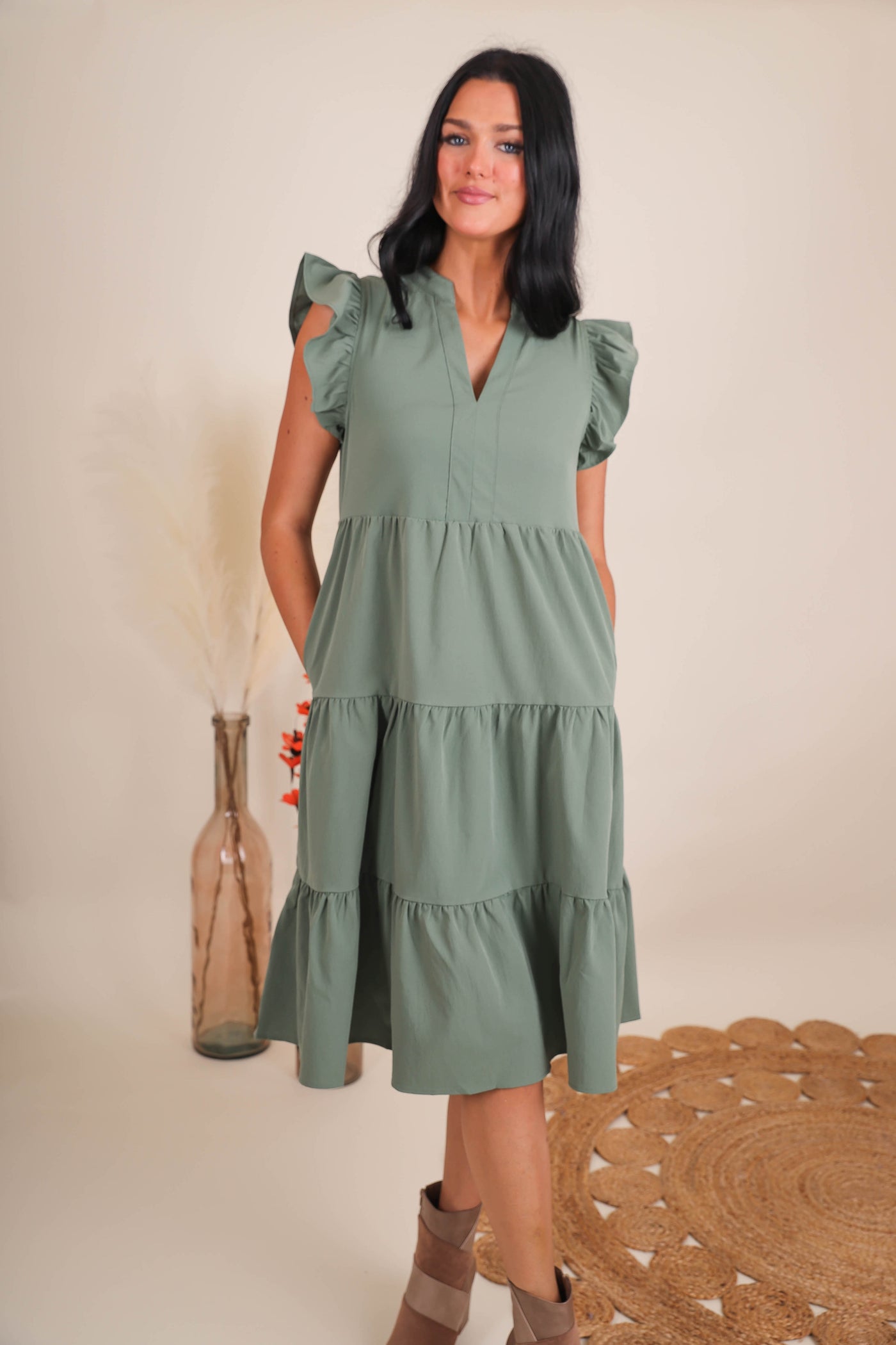 Women's Green Midi Dress- Tiered Ruffle Midi Dress- Entro Ruffle Midi Dress