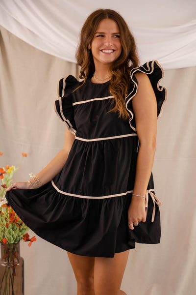 Women's Black Tiered Dress- Black Ribbon Dress- Women's Black Ruffle Dress