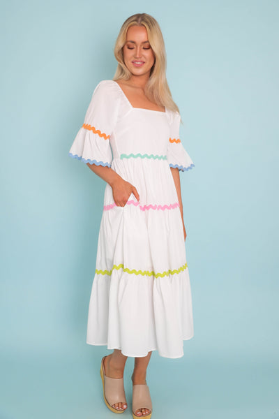 Women's Rainbow Ric-Rac Dress- Women's Spring Midi Dress- Entro Midi Dresses