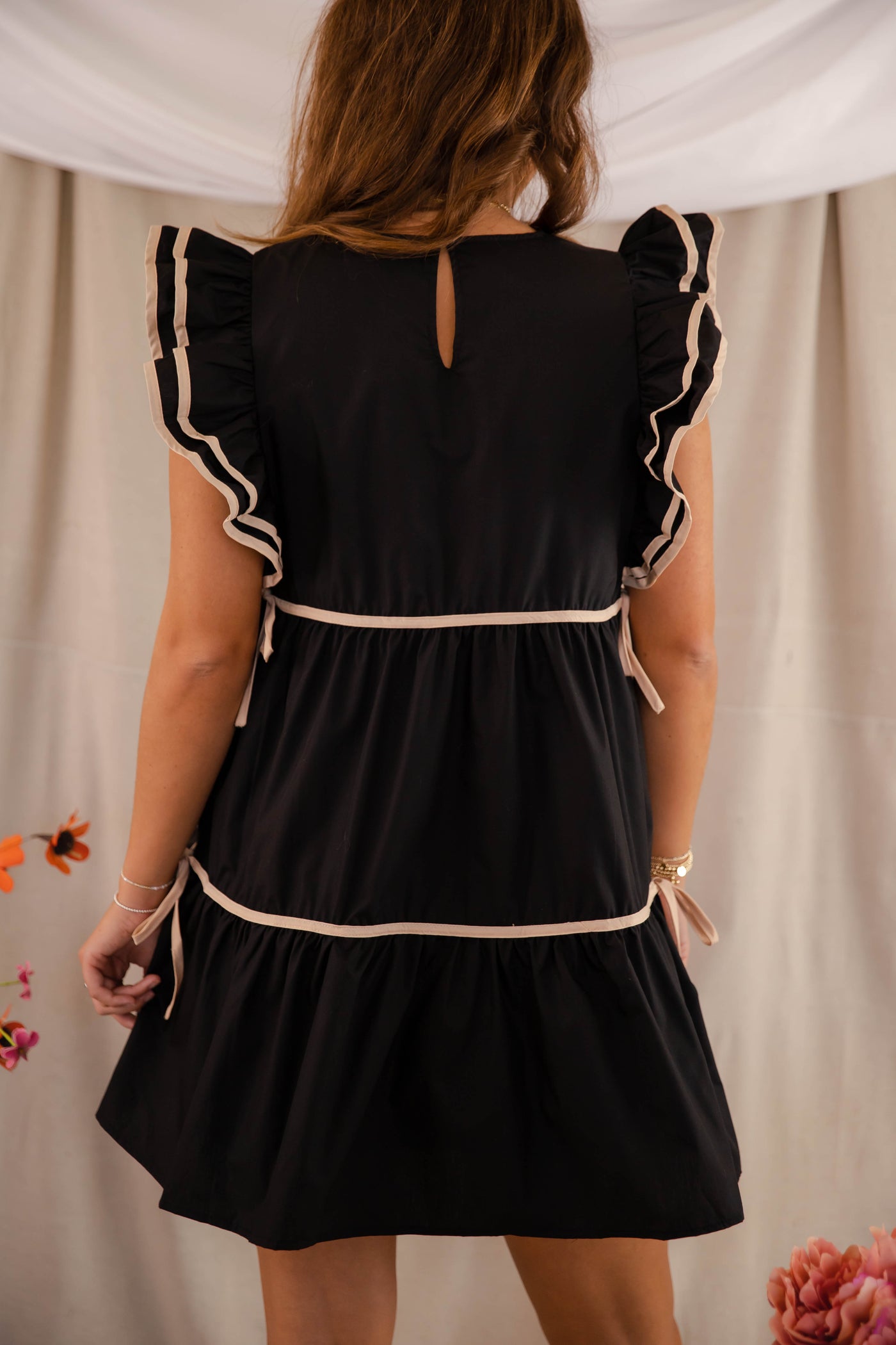 Women's Black Tiered Dress- Black Ribbon Dress- Women's Black Ruffle Dress