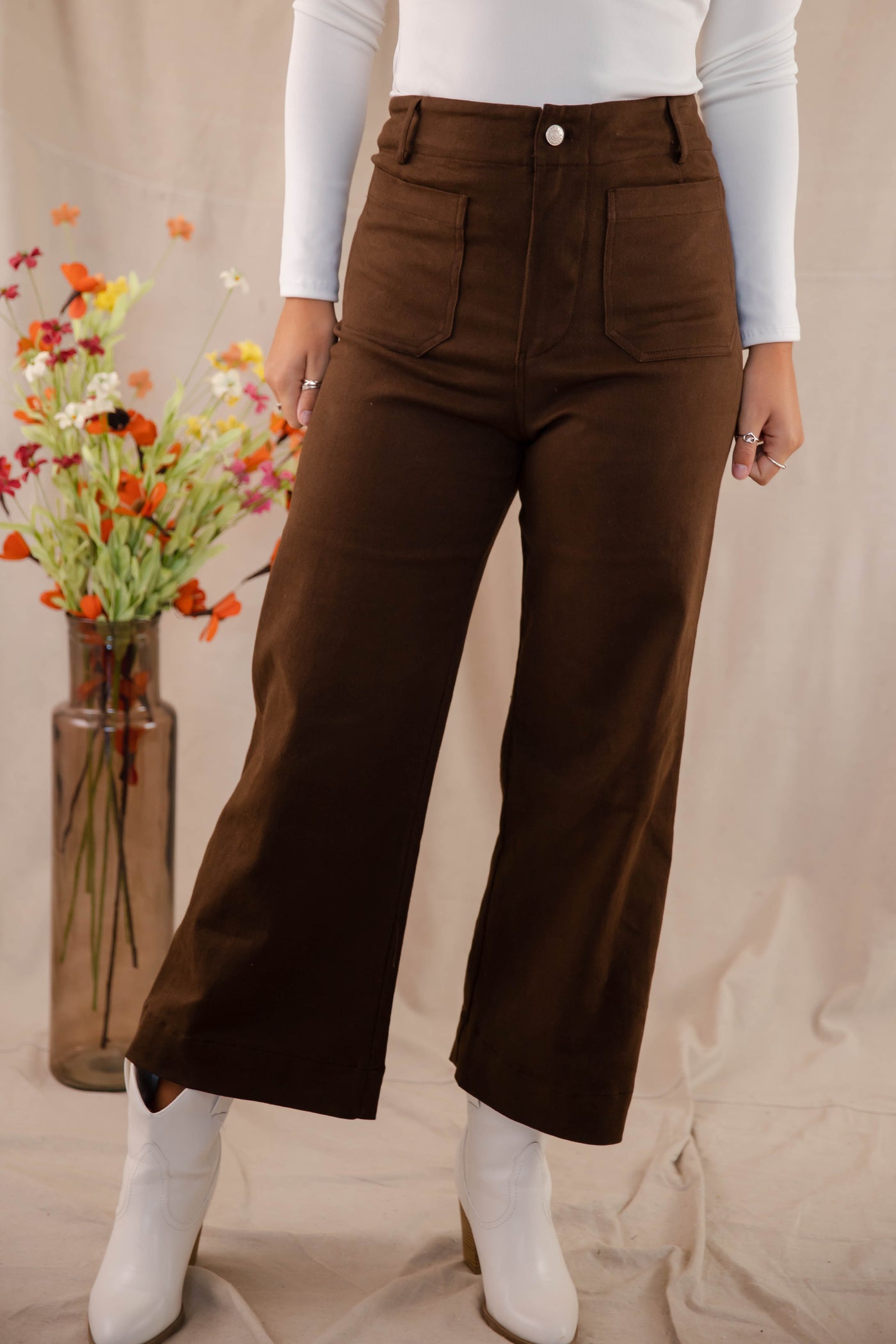 Wide Leg Brown Denim- Women's Front Pocket Jeans- Trendy Style Jeans