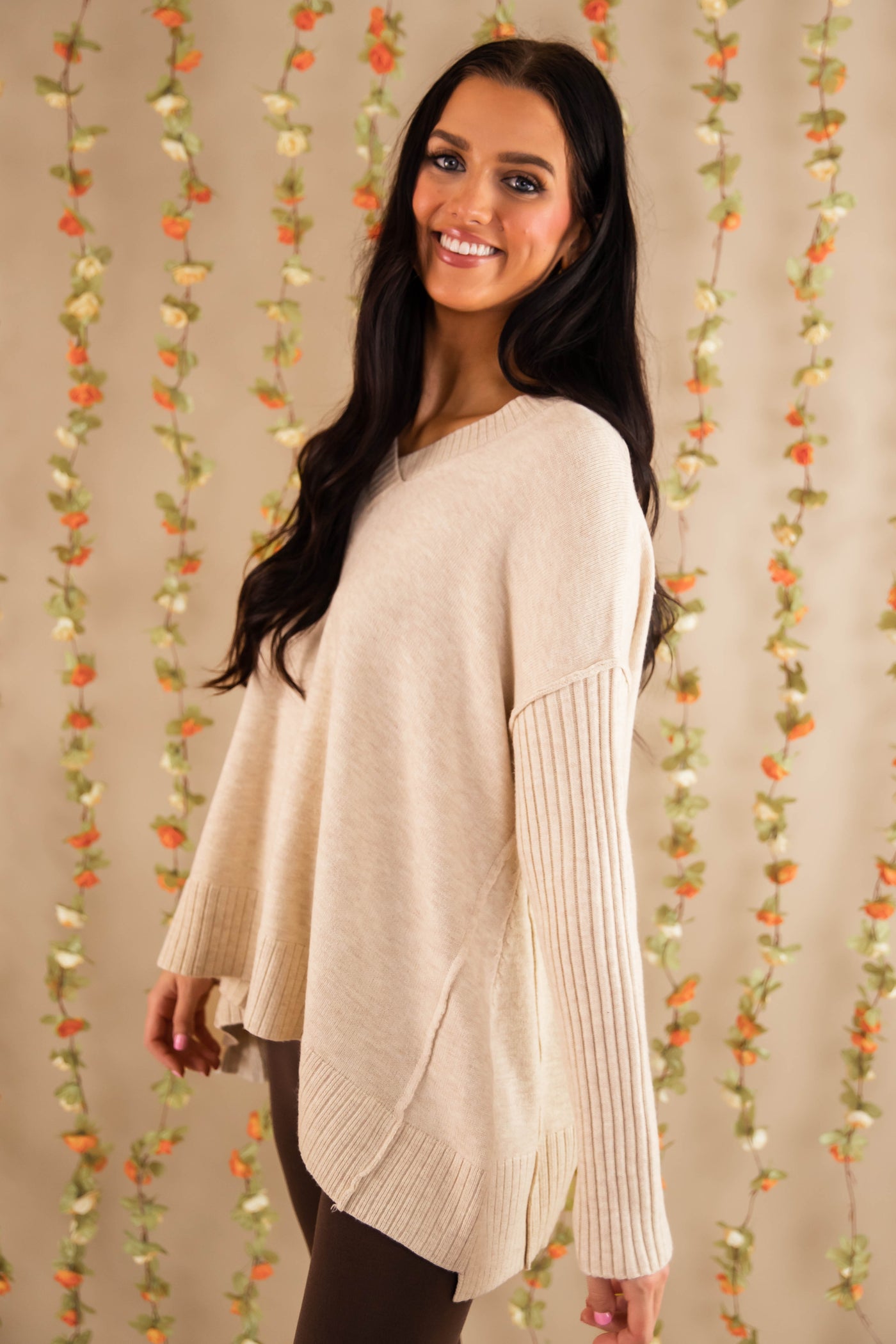 Women's Ivory Brushed Knit Sweater- Oversized V-Neckline Sweater- Women's Comfy Tops