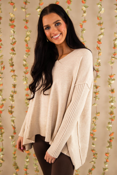 Women's Ivory Brushed Knit Sweater- Oversized V-Neckline Sweater- Women's Comfy Tops