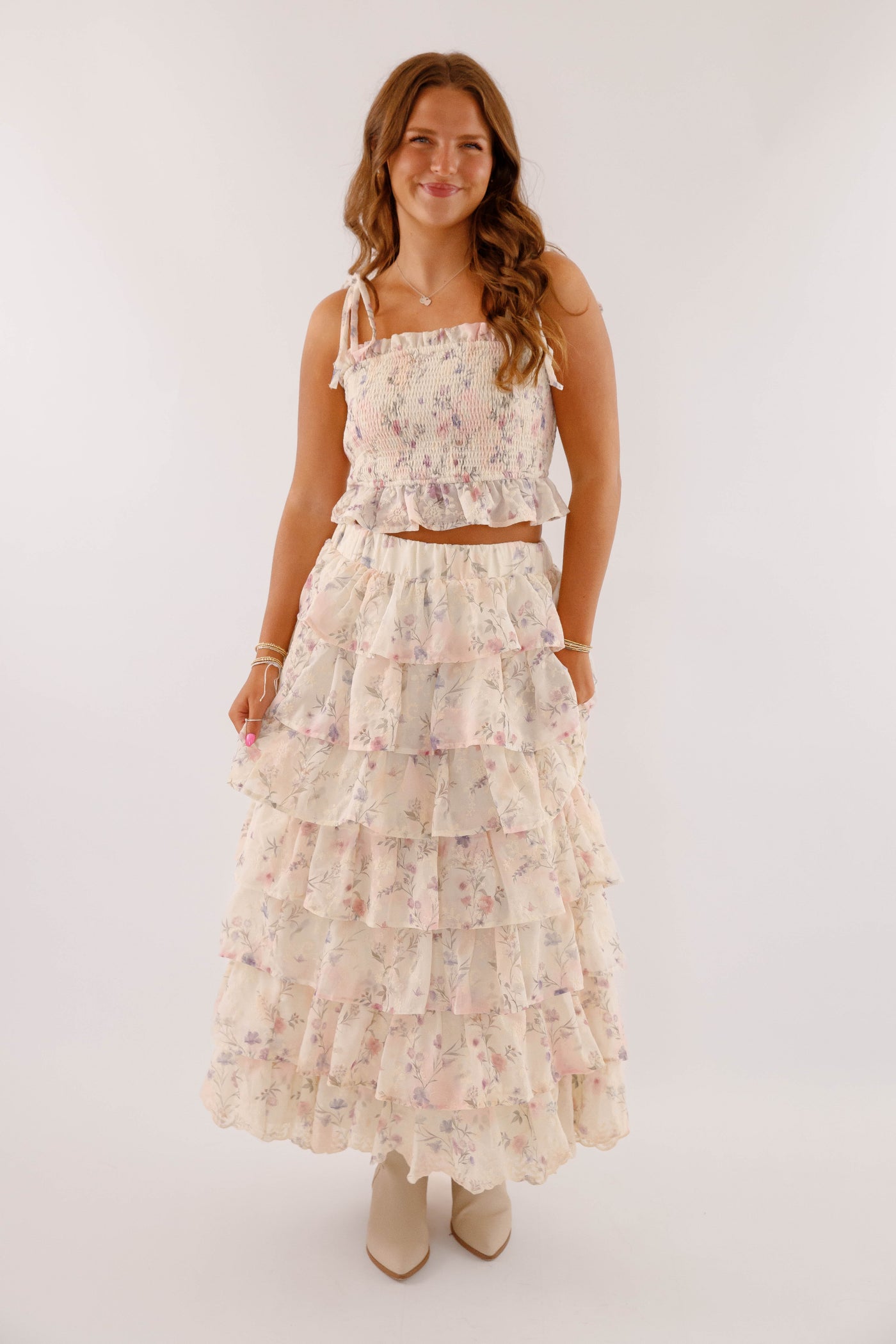 Ruffle Floral Smocked Crop Top- Women's Two Piece Set- Mable Top and Skirt Set