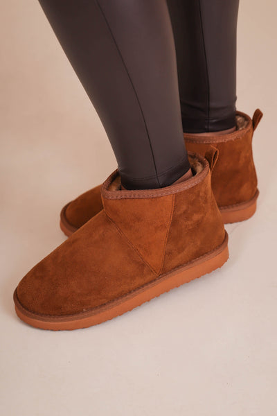 Women's Suede Boots with Fur Interior- Brown Mid Rise Slip On Boots- Outwoods Gallery 2 Boots