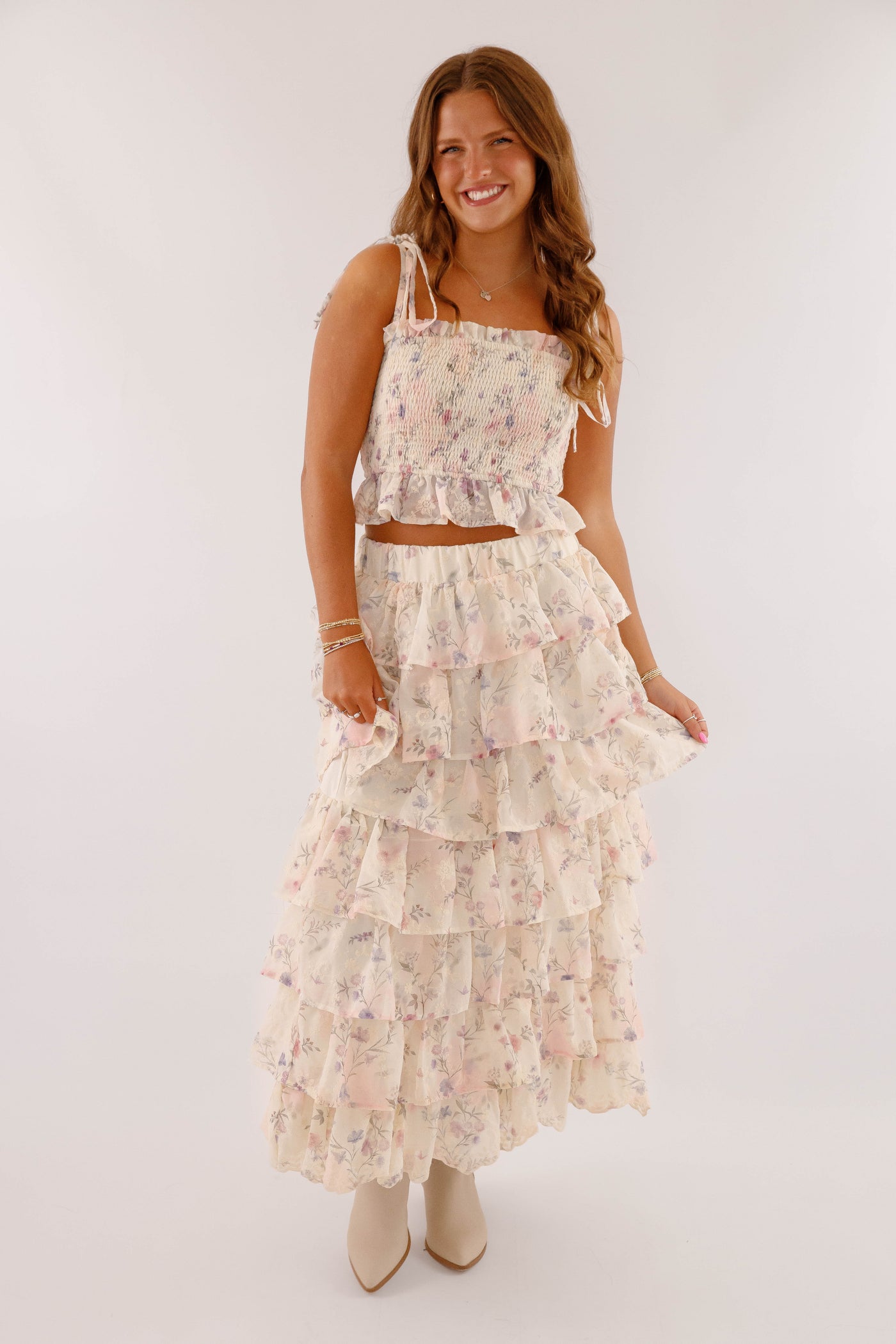 Ruffle Floral Maxi Skirt- Women's Two Piece Set- Mable Top and Skirt Set