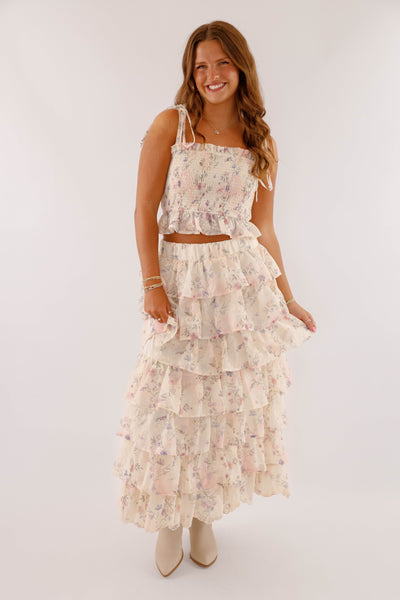 Ruffle Floral Maxi Skirt- Women's Two Piece Set- Mable Top and Skirt Set