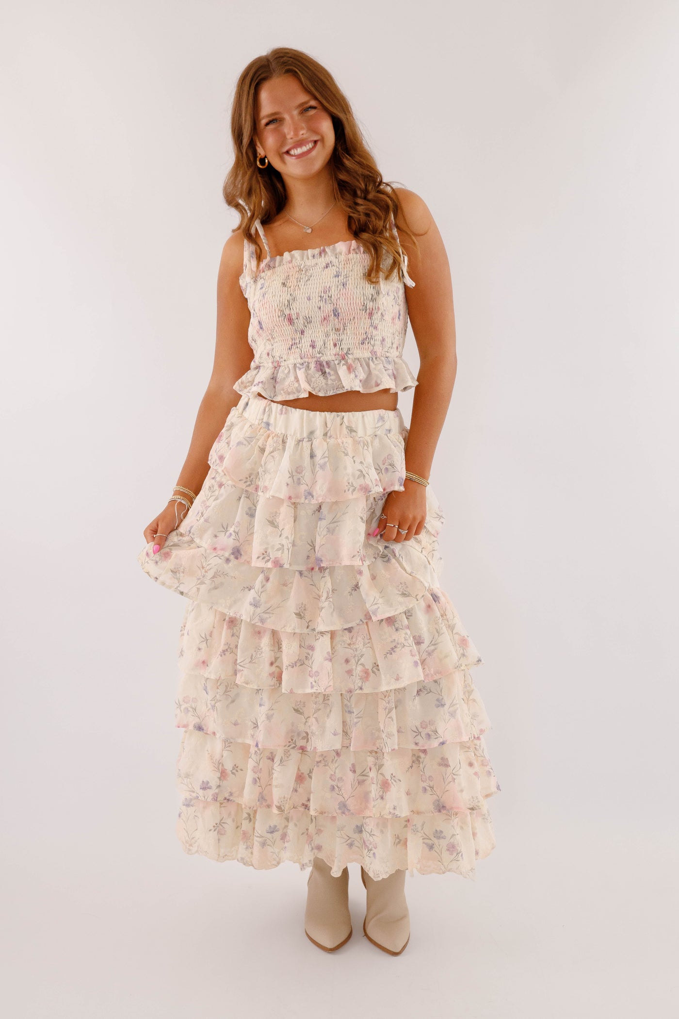 Ruffle Floral Maxi Skirt- Women's Two Piece Set- Mable Top and Skirt Set