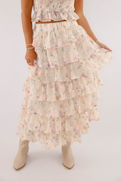 Ruffle Floral Maxi Skirt- Women's Two Piece Set- Mable Top and Skirt Set