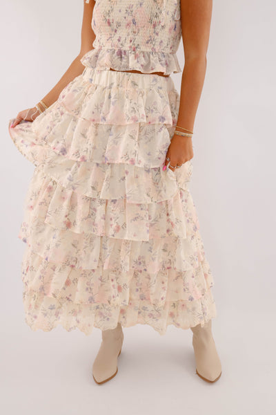 Ruffle Floral Maxi Skirt- Women's Two Piece Set- Mable Top and Skirt Set