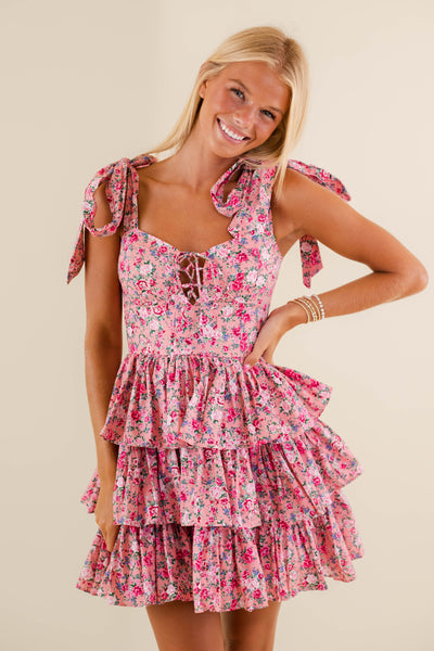 Corset Tiered Mini Dress- Women's Pink Floral Mini Dress- Mable Dresses