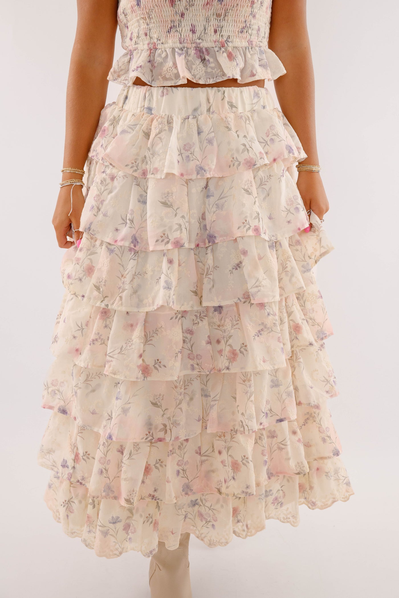 Ruffle Floral Maxi Skirt- Women's Two Piece Set- Mable Top and Skirt Set
