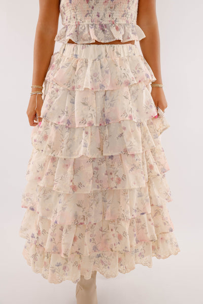 Ruffle Floral Maxi Skirt- Women's Two Piece Set- Mable Top and Skirt Set