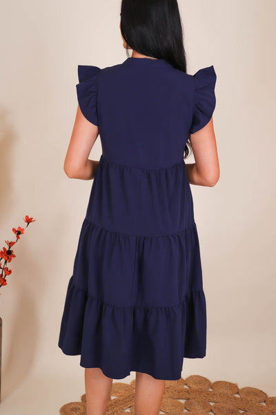 Women's Navy Midi Dress- Tiered Ruffle Midi Dress- Entro Ruffle Midi Dress