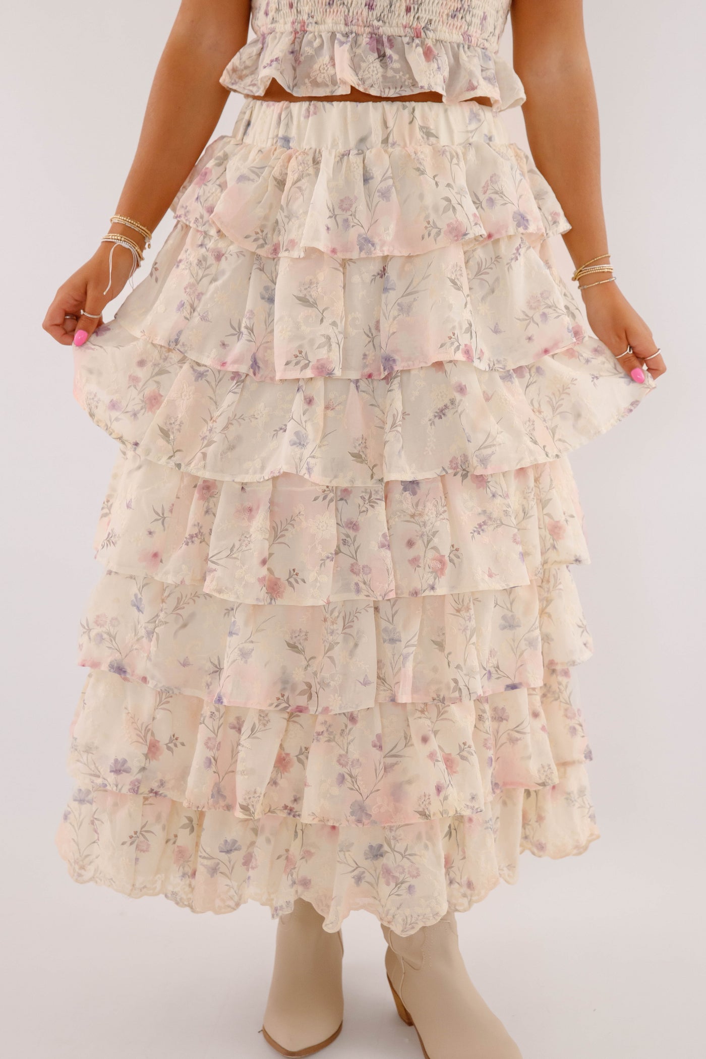 Ruffle Floral Maxi Skirt- Women's Two Piece Set- Mable Top and Skirt Set