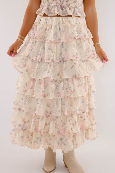 Ruffle Floral Maxi Skirt- Women's Two Piece Set- Mable Top and Skirt Set