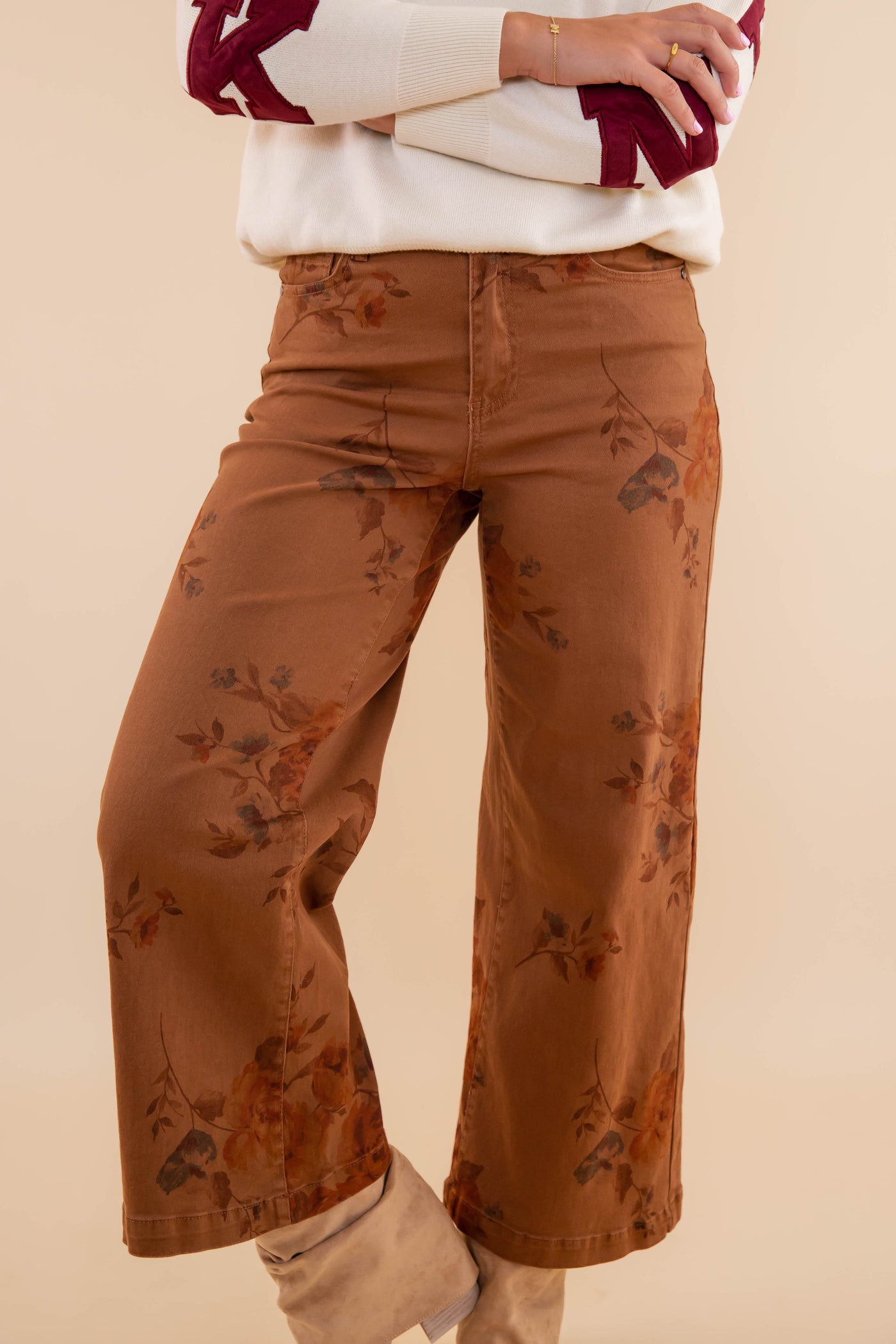 Women's Brown Floral Denim Pants- Women's Comfortable Straight Leg Denim- Easel Floral Denim Pants