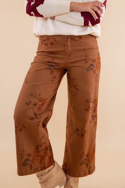 Women's Brown Floral Denim Pants- Women's Comfortable Straight Leg Denim- Easel Floral Denim Pants