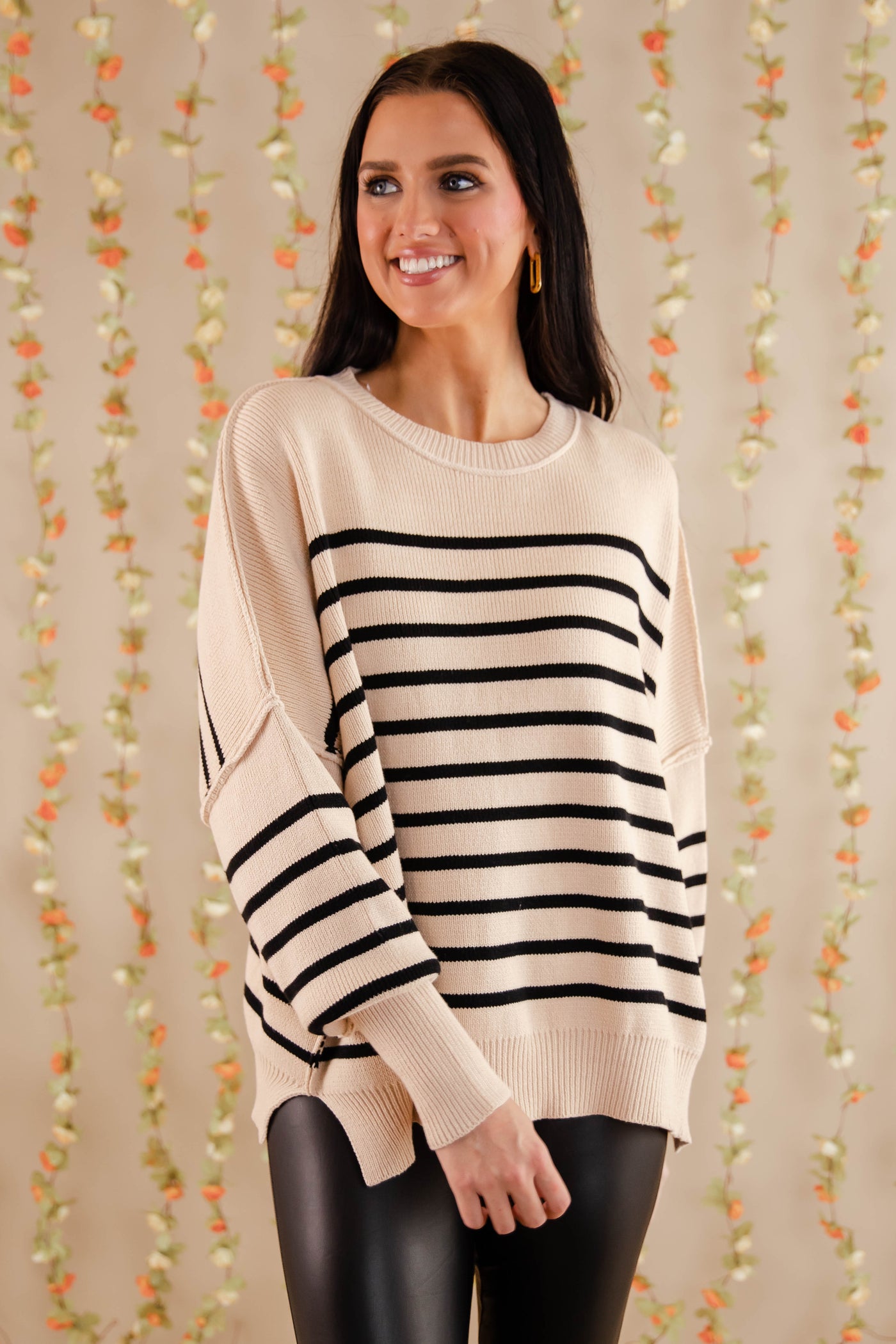 Black Striped Oversized Sweater- Women's Preppy Sweaters- Entro Stripe Sweater