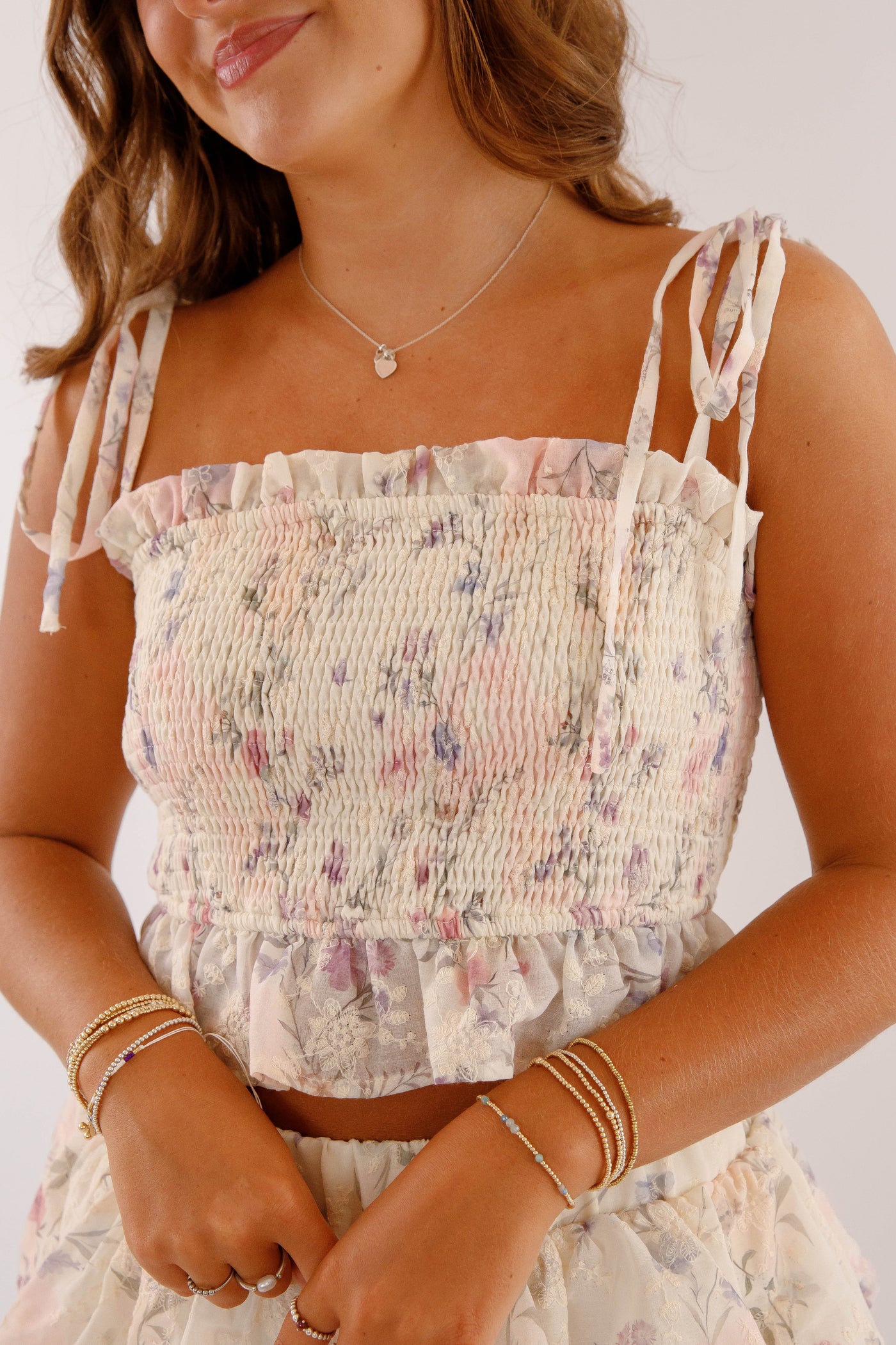 Ruffle Floral Smocked Crop Top- Women's Two Piece Set- Mable Top and Skirt Set