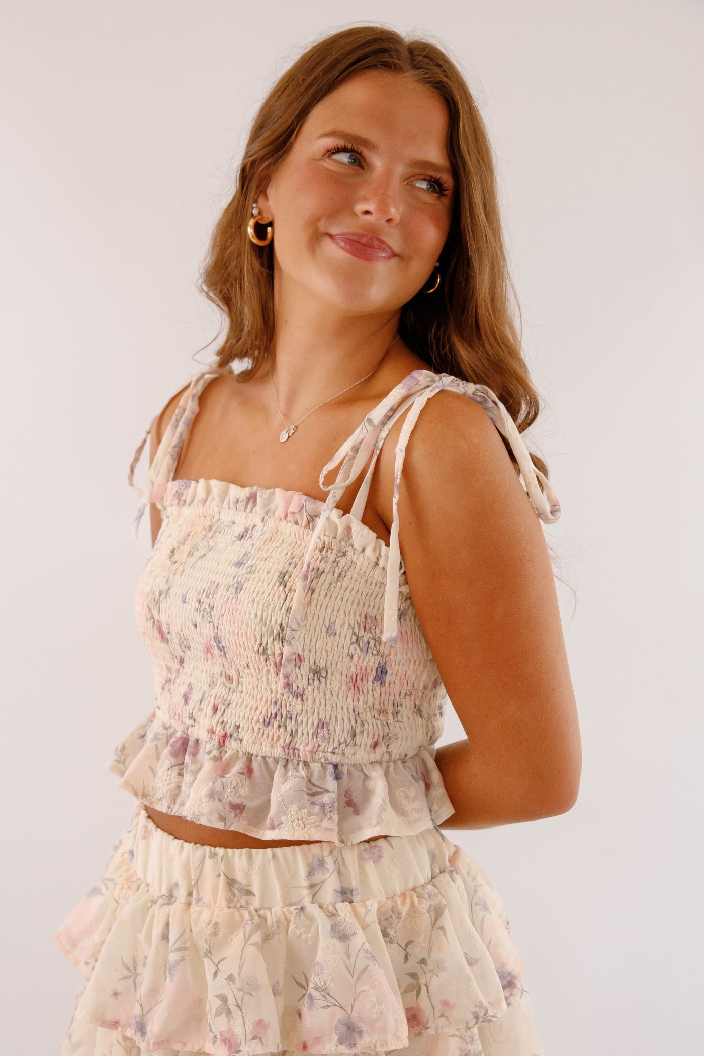 Ruffle Floral Smocked Crop Top- Women's Two Piece Set- Mable Top and Skirt Set