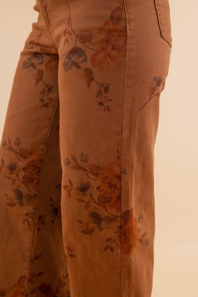 Women's Brown Floral Denim Pants- Women's Comfortable Straight Leg Denim- Easel Floral Denim Pants