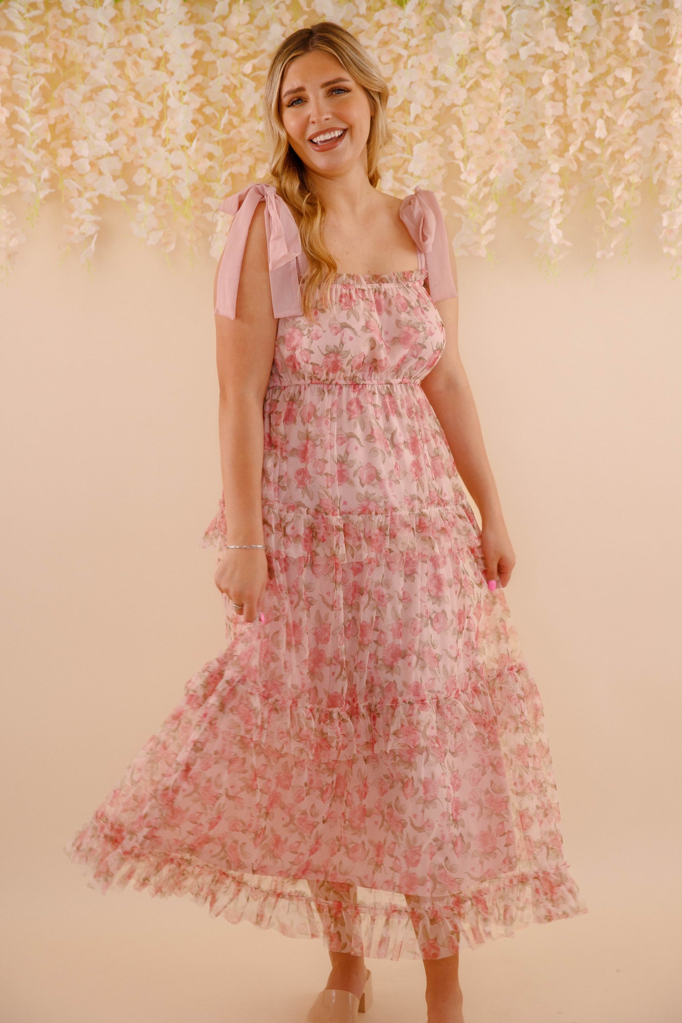 Floral Print Tulle Midi Dress- Women's Pink Tulle Dress- BluPepper Midi Dress