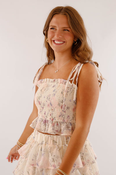 Ruffle Floral Smocked Crop Top- Women's Two Piece Set- Mable Top and Skirt Set