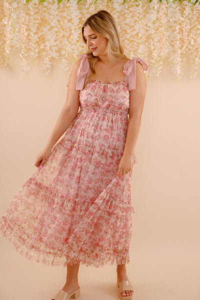 Floral Print Tulle Midi Dress- Women's Pink Tulle Dress- BluPepper Midi Dress