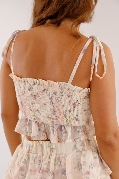 Ruffle Floral Smocked Crop Top- Women's Two Piece Set- Mable Top and Skirt Set