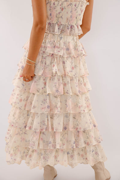 Ruffle Floral Maxi Skirt- Women's Two Piece Set- Mable Top and Skirt Set