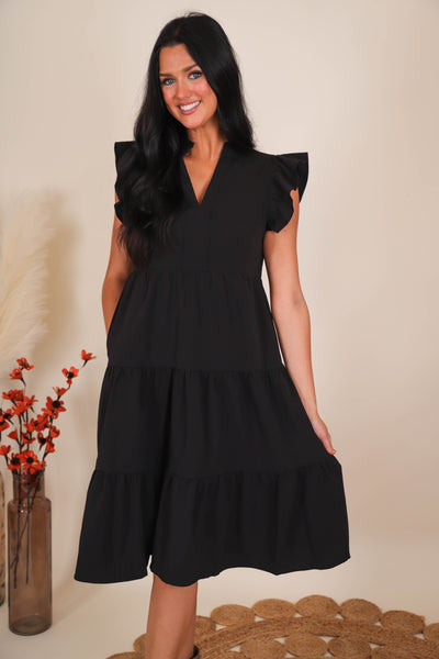 Women's Black Midi Dress- Tiered Ruffle Midi Dress- Entro Ruffle Midi Dress