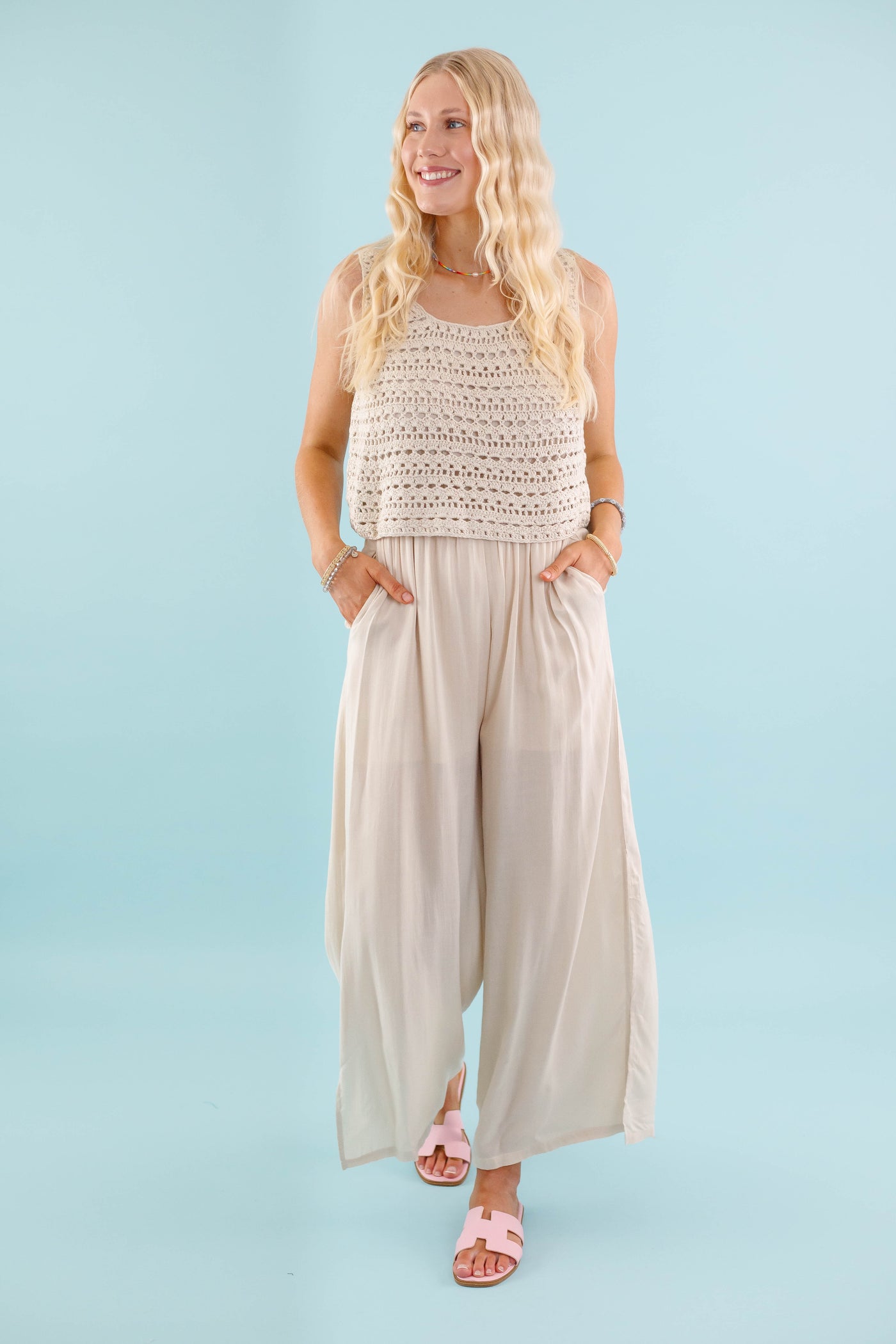 Cream Crochet Slit Jumpsuit- Women's Boho Jumpsuit- Crotchet Jumpsuit