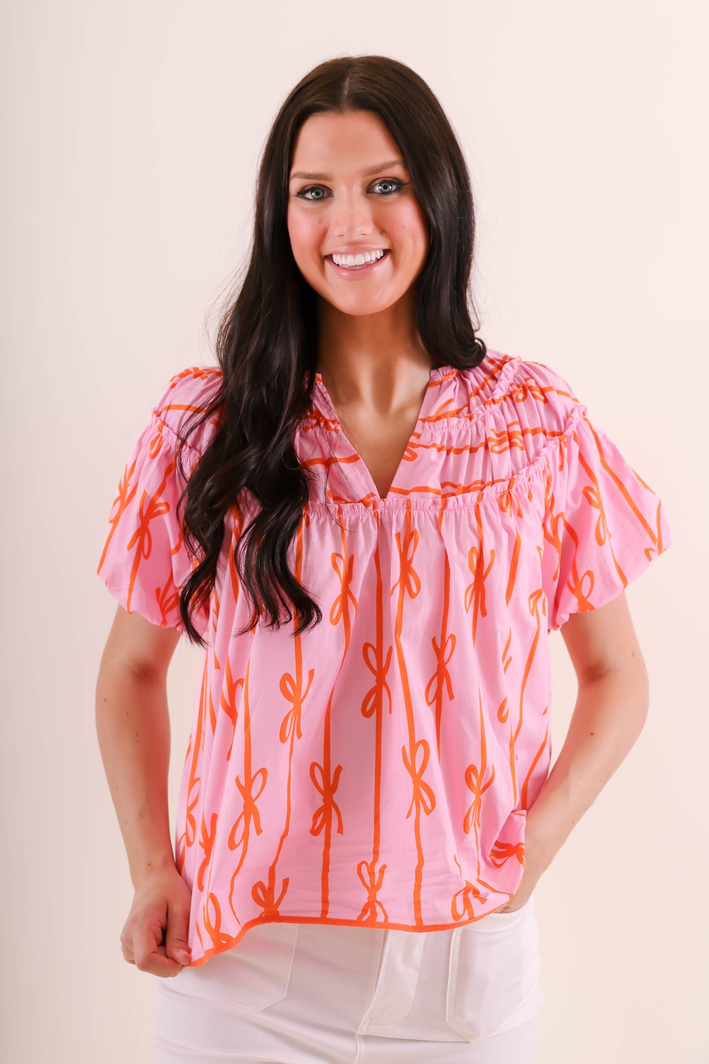 Women's Preppy Bow Blouse- Pink Printed Bow Blouse- Umgee Bow Top