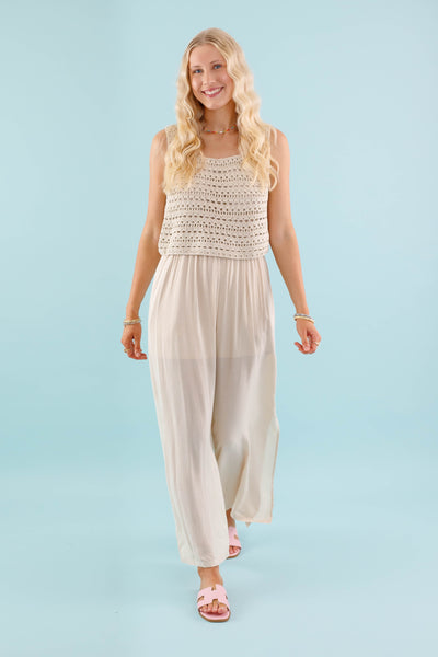 Cream Crochet Slit Jumpsuit- Women's Boho Jumpsuit- Crotchet Jumpsuit