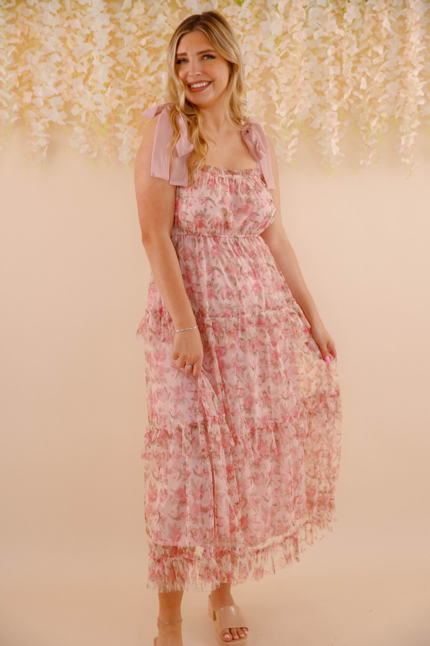 Floral Print Tulle Midi Dress- Women's Pink Tulle Dress- BluPepper Midi Dress