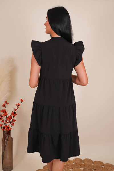 Women's Black Midi Dress- Tiered Ruffle Midi Dress- Entro Ruffle Midi Dress