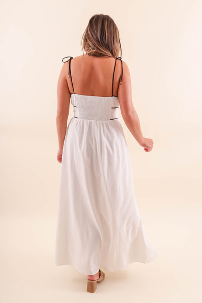 White Maxi Dress with Black Piping Contrast - Solid White Maxi With Black Stripes