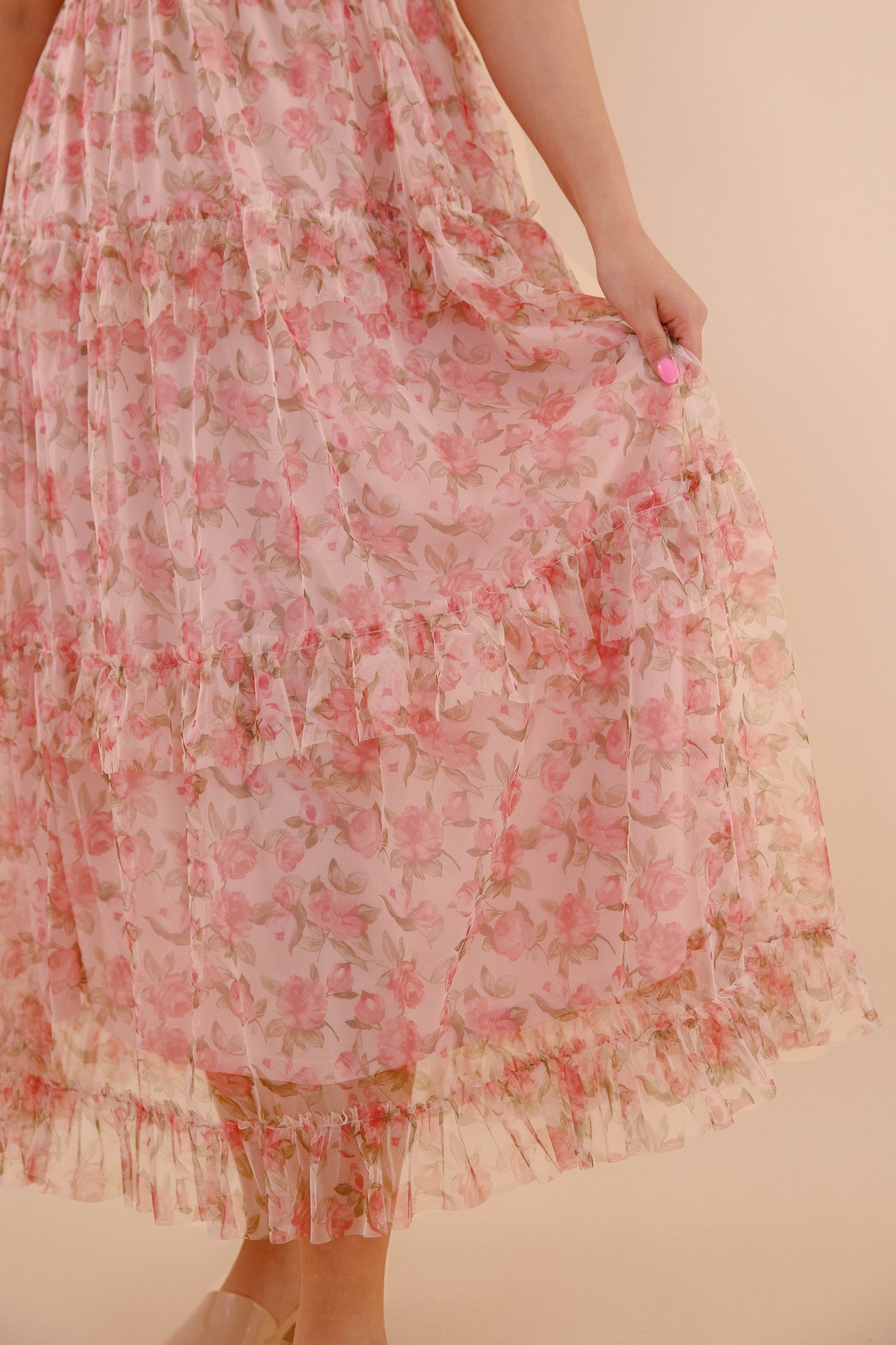 Floral Print Tulle Midi Dress- Women's Pink Tulle Dress- BluPepper Midi Dress