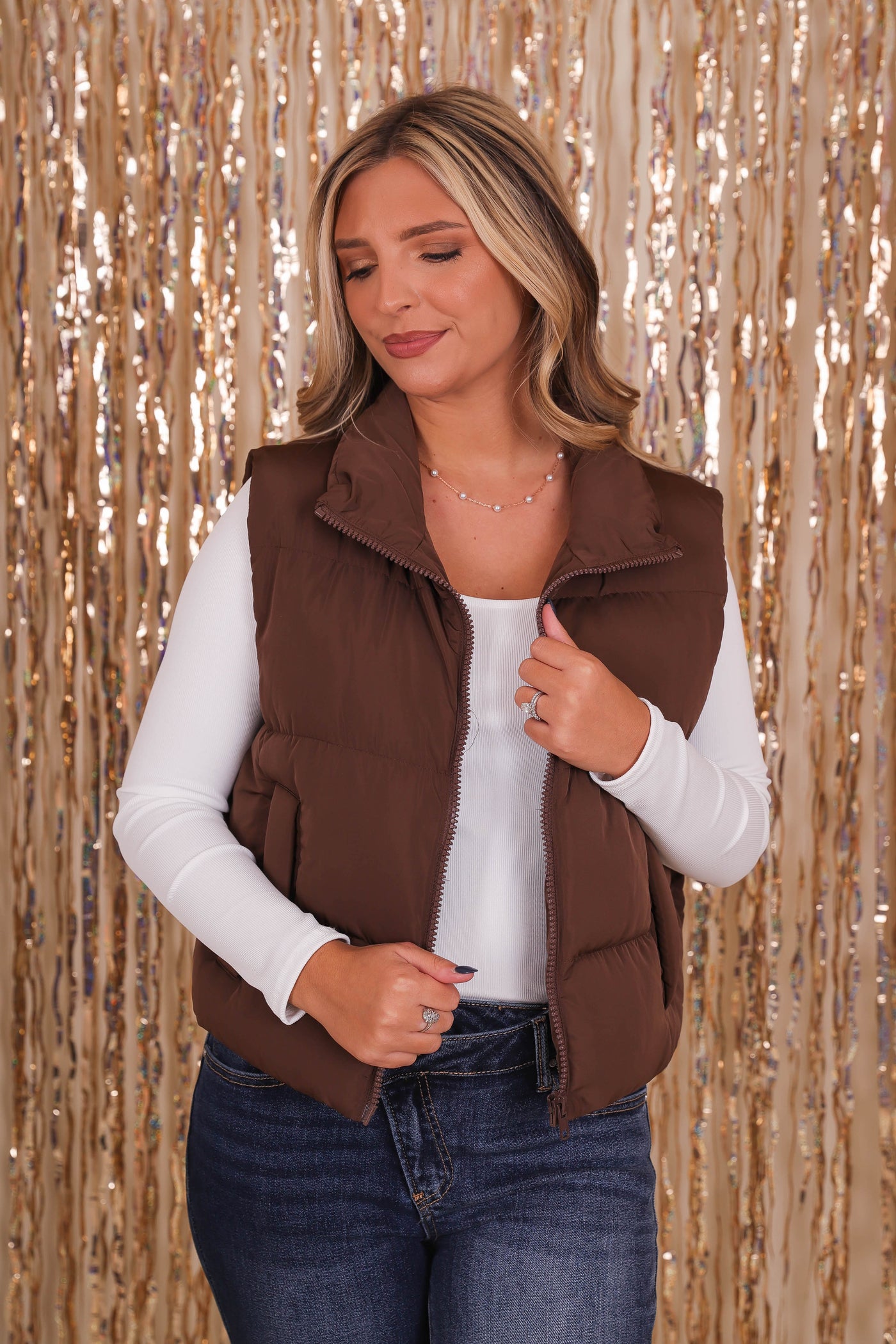 Women's Brown Puffer Vest- Brown Cropped Puffer Vest- Entro Clothing Vest