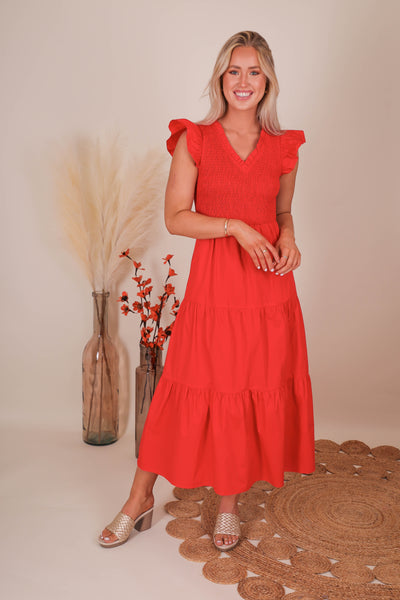 Women's Red Smocked Midi Dress- Women's Red Midi Dress- Sugar Lips Midi Dress